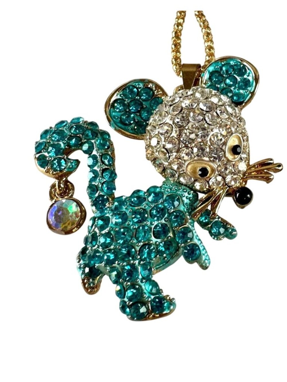 Teal Crystal Mouse Pendant Necklace Gold Chain